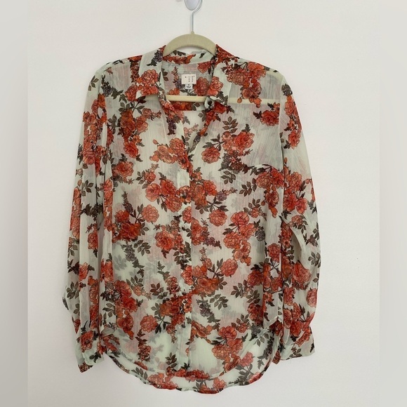 A New Day Women’s Sheer Shirt M Button Up Long Sleeves Floral Vines Lagenlook - Picture 1 of 9